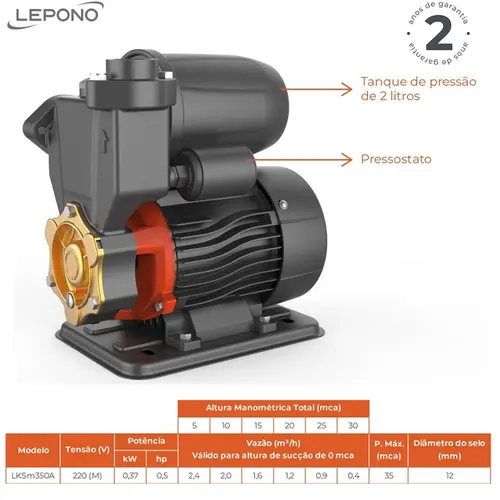 Bomba Auto Aspirante Lepono LkSM350A 0,47CV 220V Monofásica