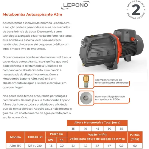 Bomba Lepono Auto aspirante AJM150 2,0 CV 110/220 Monofásica