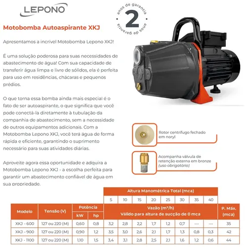 Bomba autoaspirante Lepono XKJ-1100I 1,5CV 220V Monofásica
