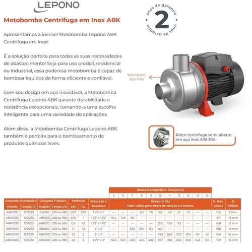 Bomba Centrifuga Lepono ABK 50D 0,5 CV 110/220V monofásica Inox