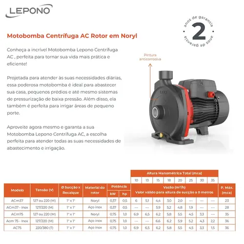 Bomba Lepono ACM75 1,0 Cv 110/220V Monofásica rotor aço inox