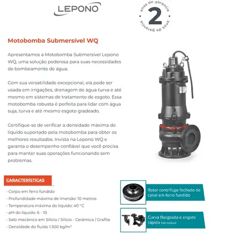 LEPONO BOMBA IND SUB. AGUA SUJA 50WQ15-20-2,2 3,0 HP 220/380V PDR