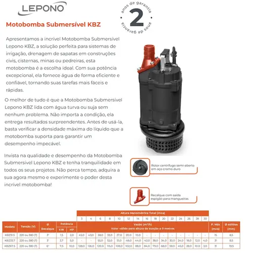 Bomba Lepono Esgoto KBZ 67.5 10 CV 220/380V Trifásica