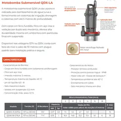 Bomba submersivel Lepono QDX6-18-0,75LA 1,0cv Monofásico 220V