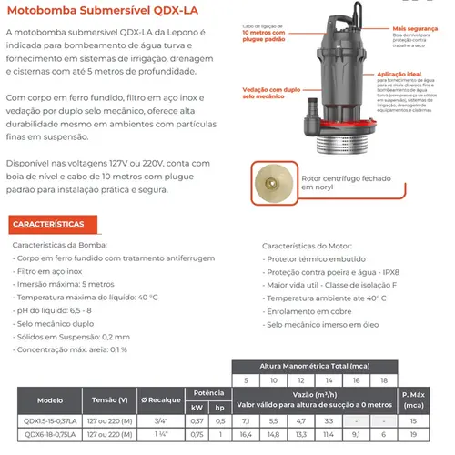 Bomba submersivel Lepono QDX1.5-15-0,37LA 0,5cv Monofásico 220V