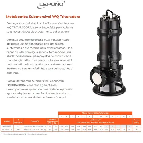 Bomba Trituradora Lepono WQ25-15-2.2 3,0CV 220V Trifásica