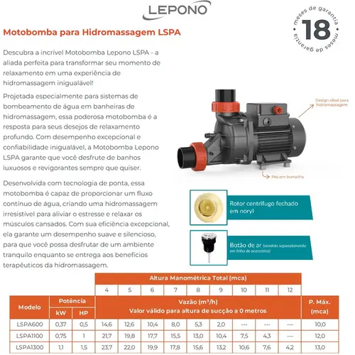 Bomba Hidromassagem Lepono LSPA 1,0CV 220V Monofásica