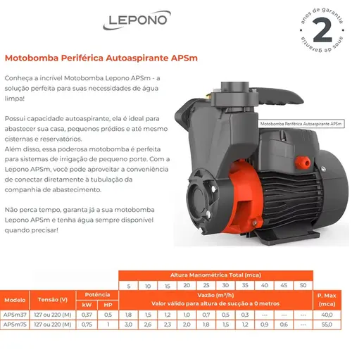 Bomba Auto Aspirante Lepono APSm75 1,0CV 220V Monofásica