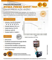 Pressurizador Inverter Rowa MAX PRESS 410 VF 4,0CV 220V Tri Até 10 banheiros