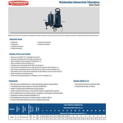 Bomba Trituradora Schneider SHARK 1,0CV 127V Monofásica