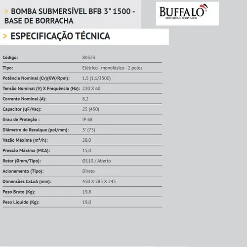 Bomba Submersível Drenagem Buffalo BFBB 2" 1,5CV 220V Mono