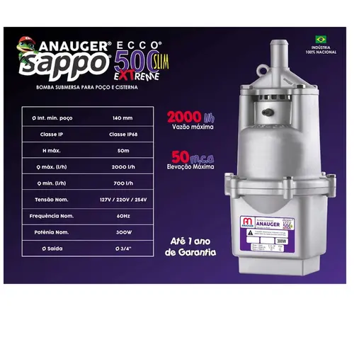 Bomba Submersa Anauger ECCO 500 SLIM 300W 220V Monofásica