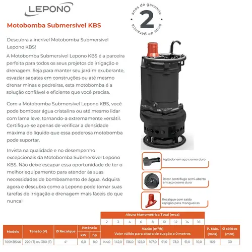 Bomba Lepono Esgoto 100KBS46 8,0 CV 220/380V Trifásica