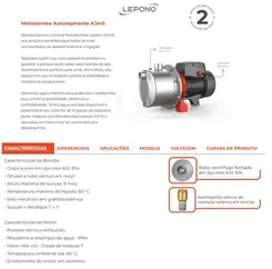 Bomba Auto Aspirante Lepono em Inox AJM45SL 0,6HP Monofásico 220V