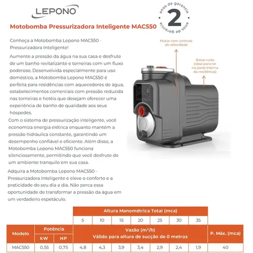 Lepono Mac550 0,75hp 220V Monofásico Até 4 Banheiros