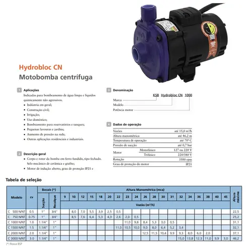 Bomba KSB Hydrobloc C 1000N 1,0 CV Trifásica 220/380V