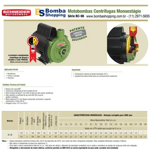 Bomba Schneider BC-98 0,50CV 127V Monofásica
