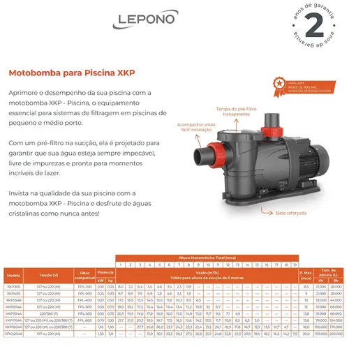 Bomba Piscina Lepono XKP1104A 1,0CV 220V Monofásica
