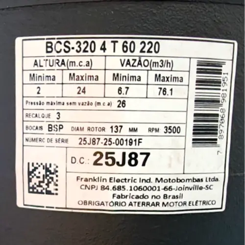 Bomba Submersível Esgoto Schneider BCS-320 4,0CV 220V Tri
