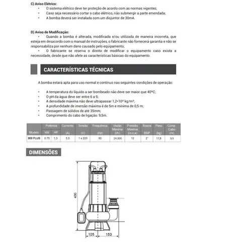 Bomba Submersível Drenagem Rowa RW 800 1,0CV 220V Monofásica