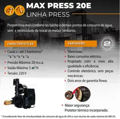 Pressurizador Pressostato Rowa MAX PRESS 20E 0,50CV 220V Mono Até 2 banheiros