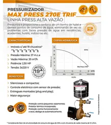 Pressurizador Pressostato Rowa MAX PRESS 270 E 3,0CV 220V Tri Até 6 banheiros
