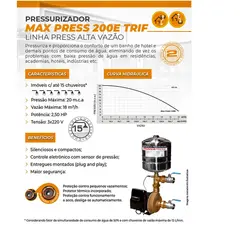 Pressurizador Pressostato Rowa MAX PRESS 200 E 2,5CV 220V Tri Até 6 banheiros