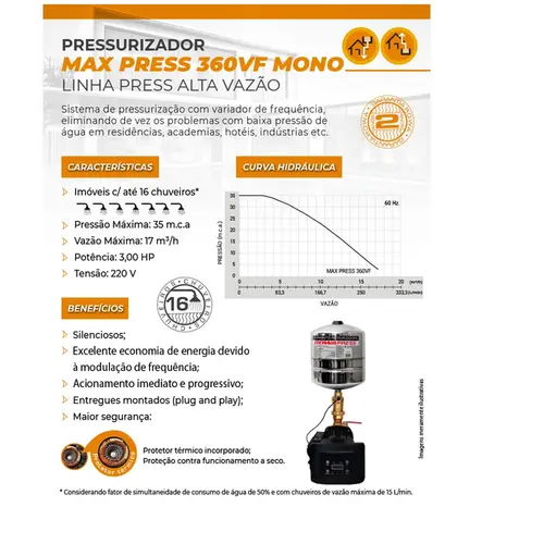 Pressurizador Inverter Rowa MAX PRESS 360 VF 3,0CV 220V Mono Até 8 banheiros
