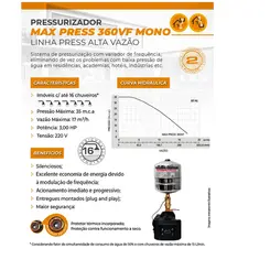 Pressurizador Inverter Rowa MAX PRESS 360 VF 3,0CV 220V Mono Até 8 banheiros