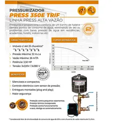 Pressurizador Pressostato Rowa MAX PRESS 350 3,5CV 220V Tri Até 9 banheiros