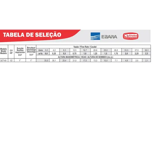 Pressurizador Pressostato Thebe TJET-60 0,50CV 110/220V Mono Até 1 banheiro